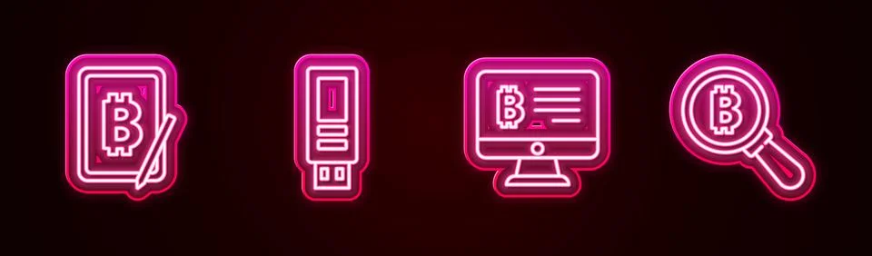 Set line Mining bitcoin from tablet, USB flash drive, monitor and Magnifyin.. Stock-Illustration