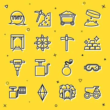 Set line Mining dump truck, Safety goggle glasses, Gold bars, Mine coal trolley Ilustração Stock