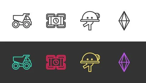 Set line Mining dump truck, Dynamite, Miner helmet and Gem stone on black and Illustrazione stock