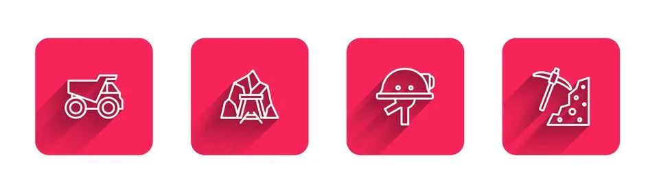 Set line Mining dump truck, Mine entrance, Miner helmet and Pickaxe with lo.. Stock Illustration