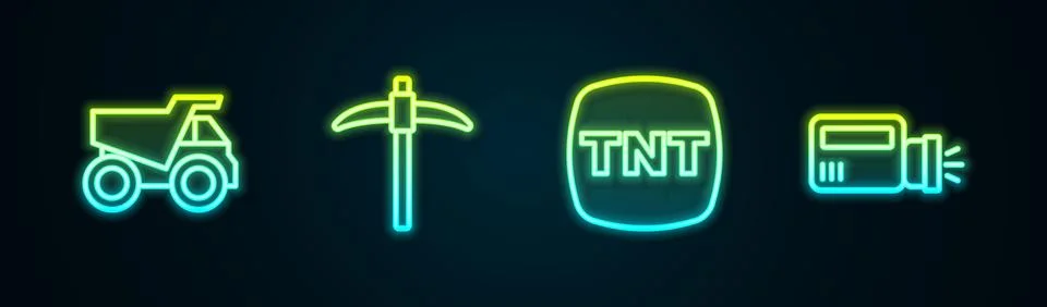 Set line Mining dump truck, Pickaxe, Dynamite and Flashlight. Glowing neon .. Stock Illustration