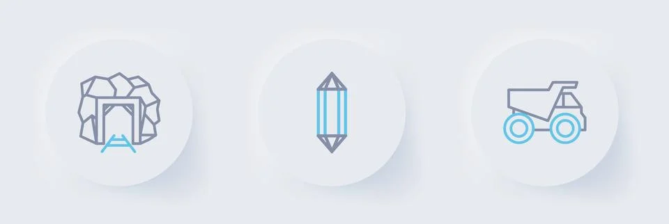 Set line Mining dump truck, Gem stone and Mine entrance icon. Vector Stock Illustration
