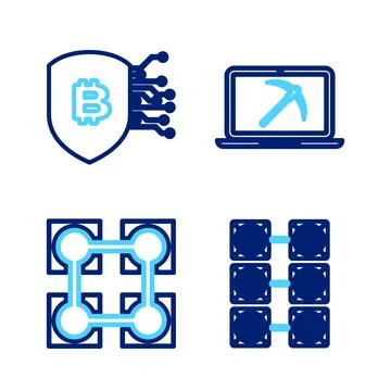 Set line Mining farm, Blockchain technology, with laptop and pickaxe and Sh.. Stockillustratie