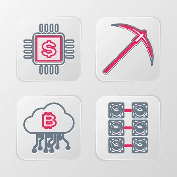Set line Mining farm, Cryptocurrency cloud mining, Pickaxe and Processor chip Stock Illustration