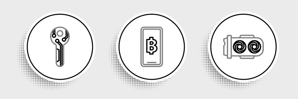 Set line Mining farm, Cryptocurrency key and Phone mobile and cryptocurrenc.. Stock Illustration