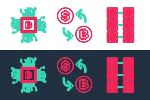 Set line Mining farm, Processor and chip with dollar icon. Vector Stockillustratie