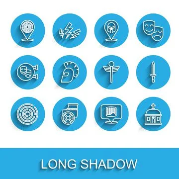 Set line Minotaur labyrinth, Ancient chariot, column, Santorini building, Greek Ilustración de archivo