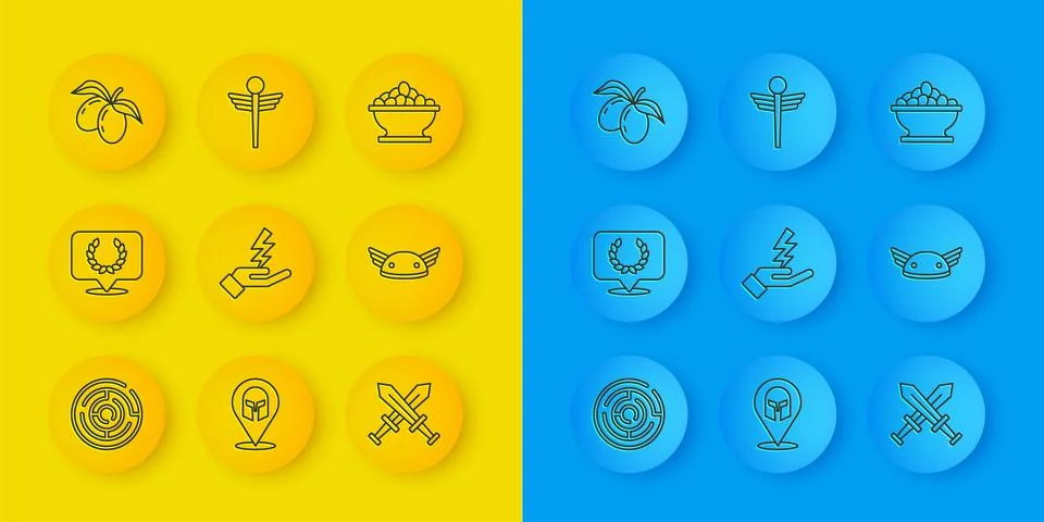 Set line Minotaur labyrinth, Laurel wreath, Zeus, Crossed medieval sword, Helmet Stock Illustration