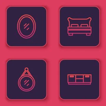 Set line Mirror, , Big bed and Furniture nightstand. Blue square button. Vector 스톡 일러스트