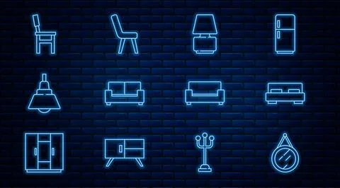Set line Mirror, Big bed, Table lamp, Sofa, Chandelier, Chair, and Armchair icon Illustrazione stock