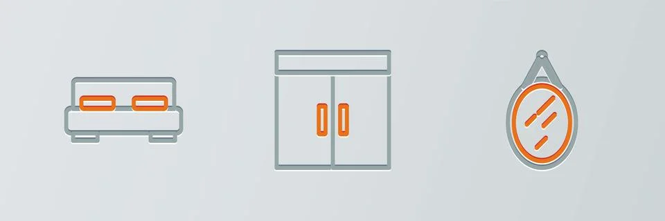Set line Mirror, Big bed and Wardrobe icon. Vector Illustration