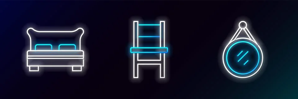 Set line Mirror, Big bed and Chair icon. Glowing neon. Vector Illustrazione stock
