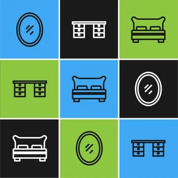 Set line Mirror, Big bed and Office desk icon. Vector Illustration