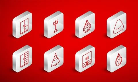 Set line Mirror, Coat stand, Pouf, Wardrobe, Chandelier and  icon. Vector 库存插图