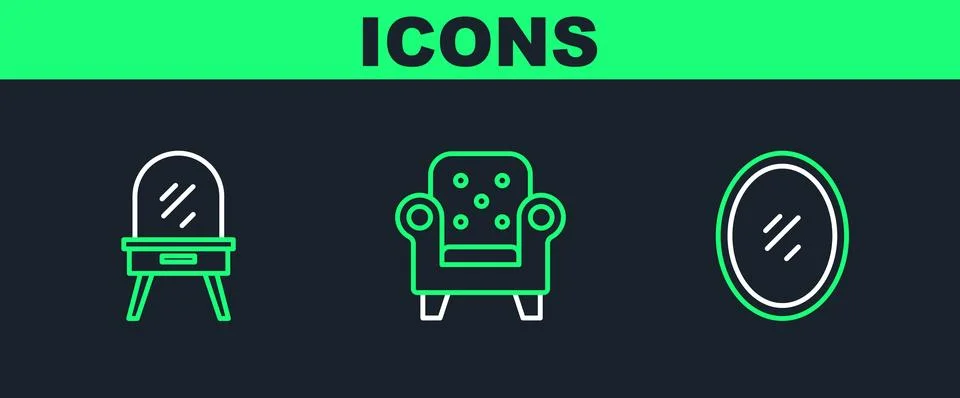 Set line Mirror, Dressing table and Armchair icon. Vector Stock Illustration