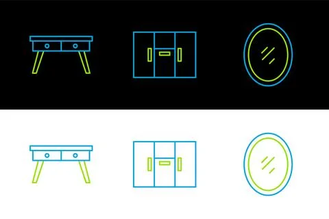 Set line Mirror, Office desk and Wardrobe icon. Vector Illustration