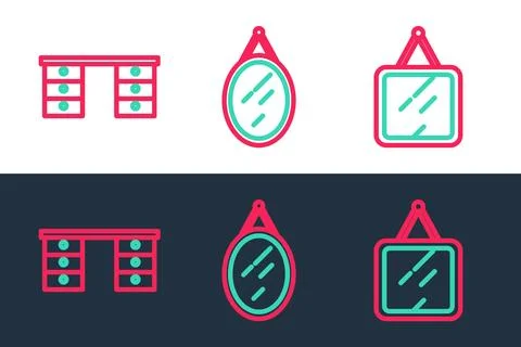 Set line Mirror, Office desk and icon. Vector Illustration