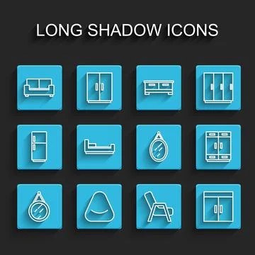 Set line Mirror, Pouf, Sofa, Armchair, Wardrobe, Bed, and icon. Vector Illustrazione stock