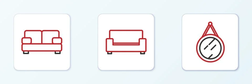Set line Mirror, Sofa and  icon. Vector Stock Illustration