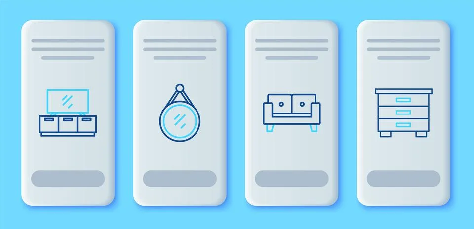 Set line Mirror, Sofa, TV table stand and Furniture nightstand icon. Vector Stock Illustration