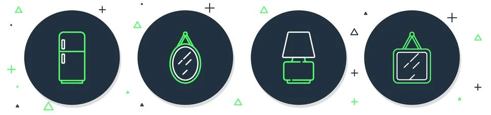 Set line Mirror, Table lamp, Refrigerator and  icon. Vector Stock Illustration