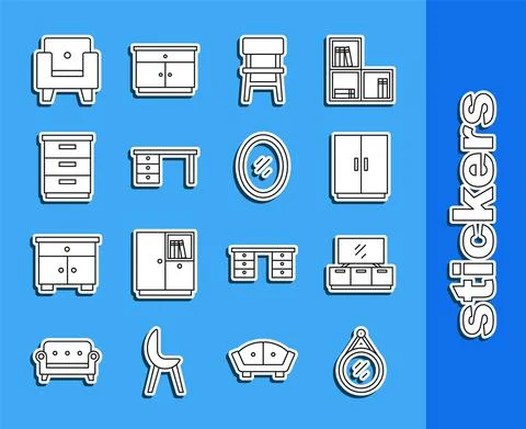 Set line Mirror, TV table stand, Wardrobe, Chair, Office desk, Furniture Stock Illustration