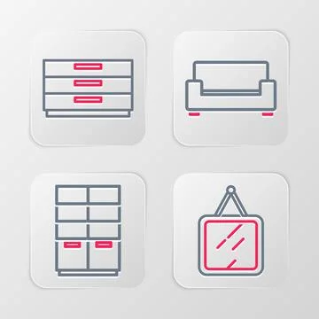 Set line Mirror, Wardrobe, Sofa and Chest drawers icon. Vector Stock Illustration