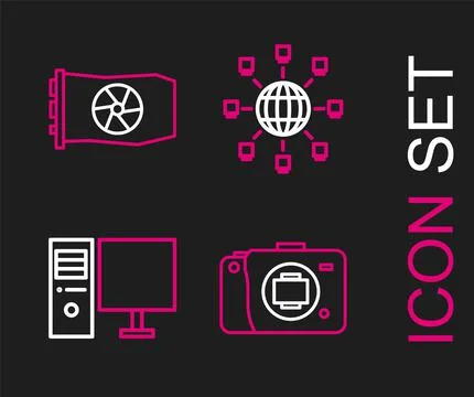 Set line Mirrorless camera, Computer monitor, Social network and Video graphic Stock Illustration