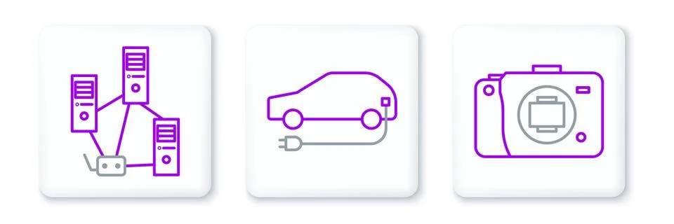 Set line Mirrorless camera, Computer network and Electric car icon. Vector 스톡 일러스트
