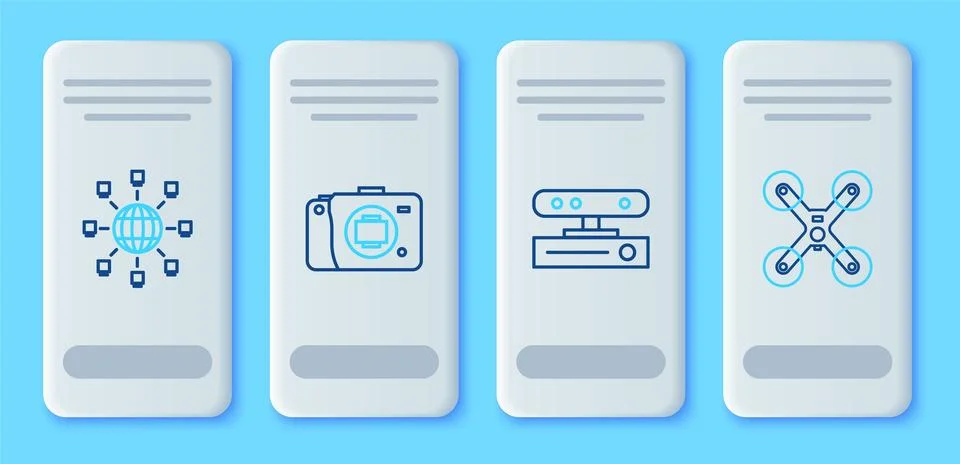 Set line Mirrorless camera, Motion sensor, Social network and Drone flying icon Stock Illustration