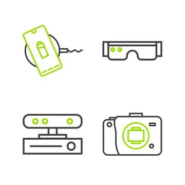 Set line Mirrorless camera, Motion sensor, Smart glasses and Wireless charger 스톡 일러스트