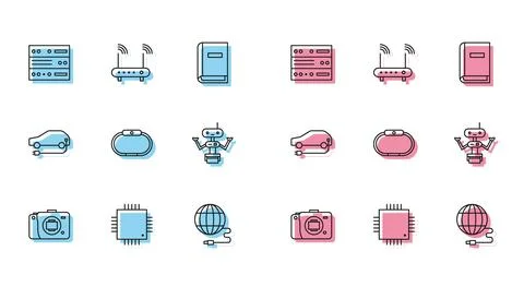 Set line Mirrorless camera, Processor with microcircuits CPU, Server, Data, Web Stock Illustration