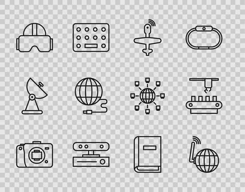 Set line Mirrorless camera, Social network, UAV Drone, Motion sensor, Virtual Stock Illustration