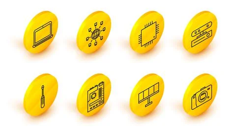 Set line Mirrorless camera, Solar energy panel, Motherboard, Screwdriver, Motion Stock Illustration