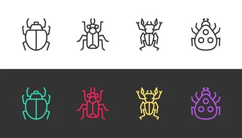 Set line Mite, Beetle bug, deer and Ladybug on black and white. Vector Stock Illustration
