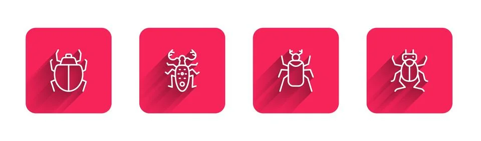 Set line Mite, Beetle deer, bug and with long shadow. Red square button. Vector Stock Illustration