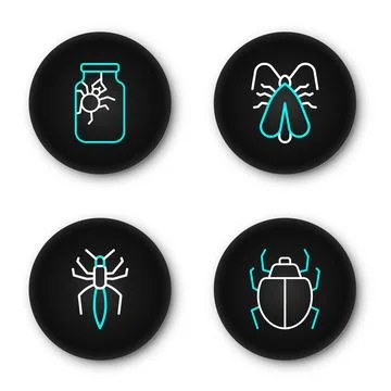 Set line Mite, Spider, Clothes moth and in jar icon. Vector Stock Illustration