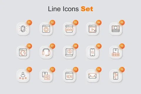 Set line Mobile 24 hours support, Mail and e-mail, Page with 404 error, Adv.. Stock Illustration