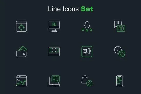 Set line Mobile 24 hours support, shopping bag and dollar, Advertising, Mar.. Stock Illustration