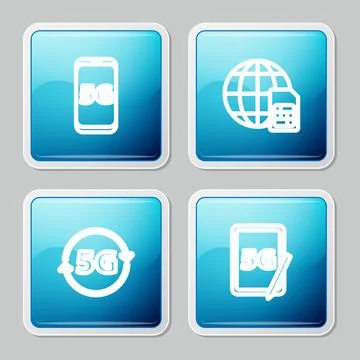 Set line Mobile with 5G network, Globe Sim Card, and Graphic tablet icon. Vector Illustrazione stock