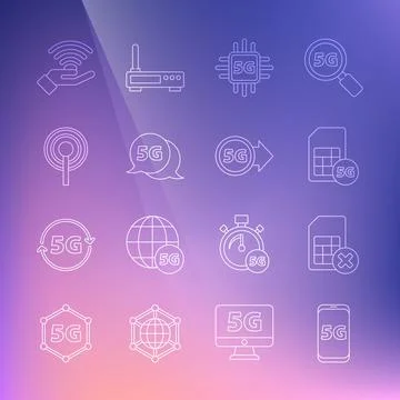 Set line Mobile with 5G network, Sim card rejected, Card, Processor, Antenna Stock Illustration