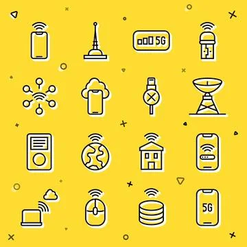 Set line Mobile with 5G, wi-fi wireless, Satellite dish, internet, Cloud イラスト素材