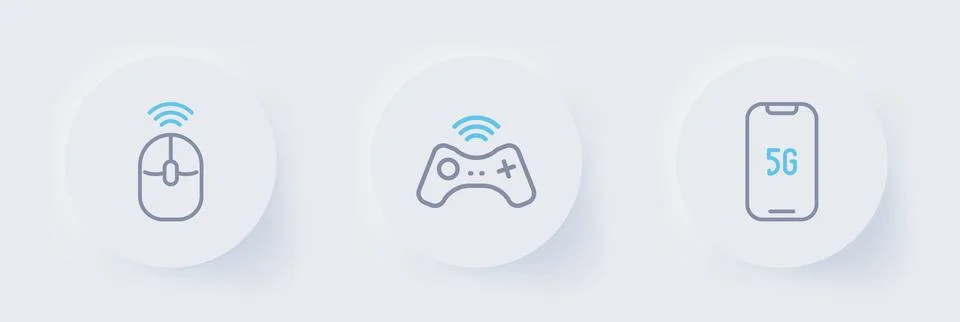 Set line Mobile with 5G, Wireless gamepad and computer mouse icon. Vector Stock Illustration