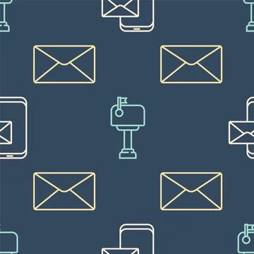 Set line Mobile and envelope, Envelope and Mail box on seamless pattern. Vector 스톡 일러스트