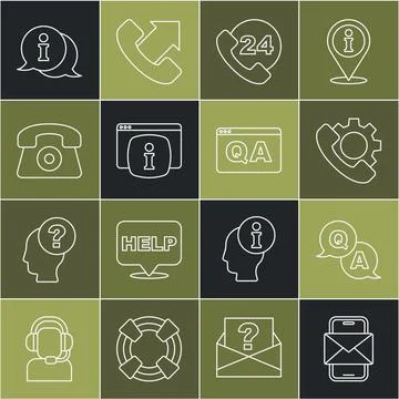 Set line Mobile and envelope, Question Answer, Telephone 24 hours support, .. Stock Illustration