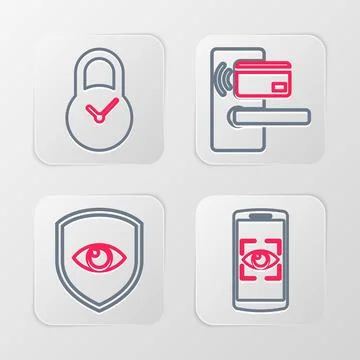 Set line Mobile and eye scan, Shield, Digital door lock with wireless and P.. Stock Illustration
