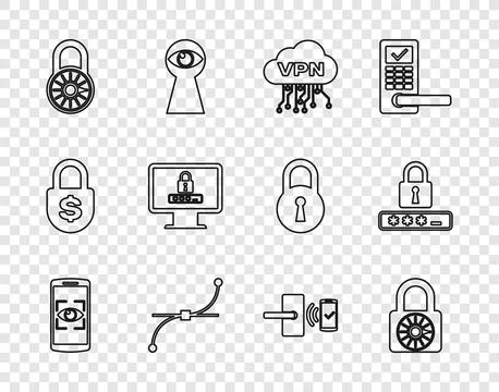 Set line Mobile and eye scan, Safe combination lock wheel, Cloud VPN interf.. Stock Illustration
