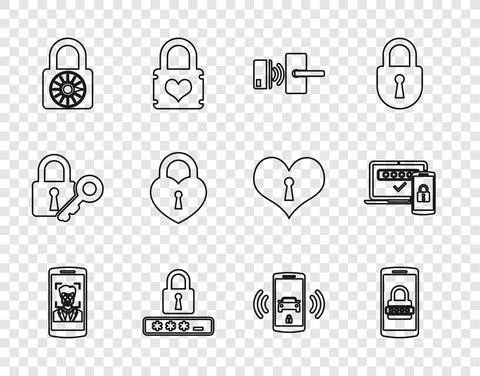 Set line Mobile and face recognition, Password protection, Safe combination Stock Illustration