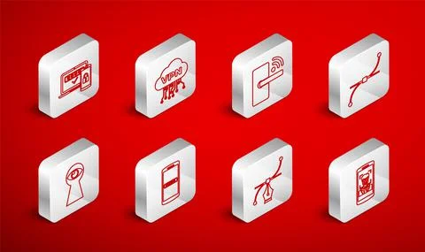 Set line Mobile and face recognition, Cloud VPN interface, Digital door lock Stock Illustration