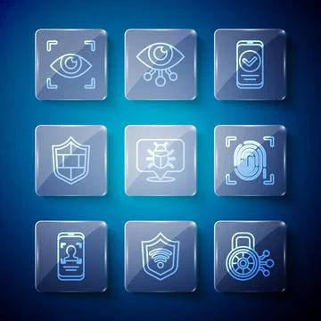 Set line Mobile and face recognition, Shield with WiFi wireless, Cyber security Stock Illustration